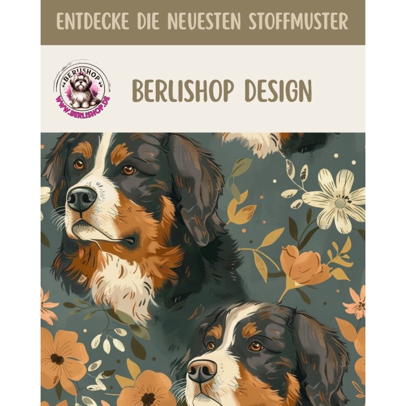 Baumwolle Canvas Berner Sennenhund Blumen Petrol Orange 153 g/m² Meterware 160 cm Eigenproduktion