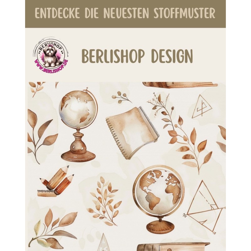 Baumwolle Canvas Schule Bücher Globus Einschulung Beige Braun Aquarell 153 g/m² Meterware 160 cm Eigenproduktion