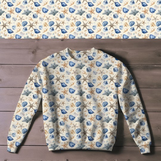 Designer Stoff Vorbestellung Maritim – Muscheln & Seesterne Stoff Meterware Eigenproduktion
