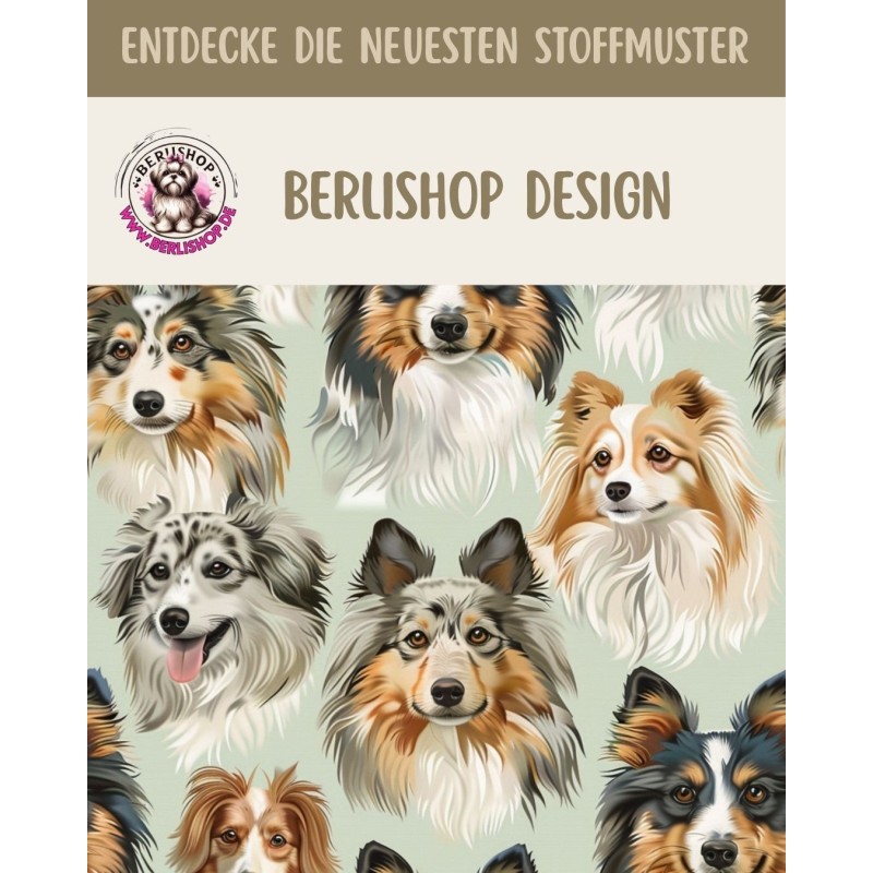 Baumwolle Canvas Collie Sheltie Hundeköpfe Beige Mint Blau 153 g/m² Meterware 160 cm Eigenproduktion