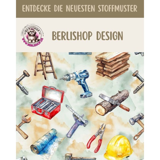 Baumwolle Canvas Stoff Werkzeug Baustelle Handwerker Aquarell Bunt 153 g/m² Meterware 160 cm Eigenproduktion