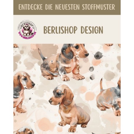 Baumwolle Canvas Stoff Dackel Welpen Aquarell Beige Braun 153 g/m² Meterware 160 cm Eigenproduktion