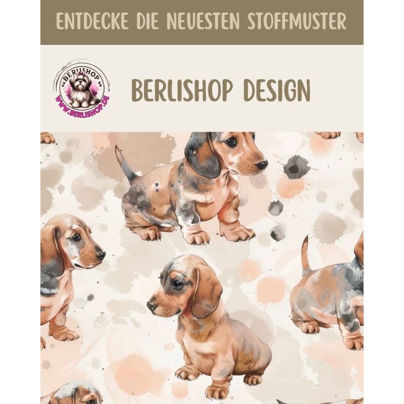 Baumwolle Canvas Stoff Dackel Welpen Aquarell Beige Braun 153 g/m² Meterware 160 cm Eigenproduktion