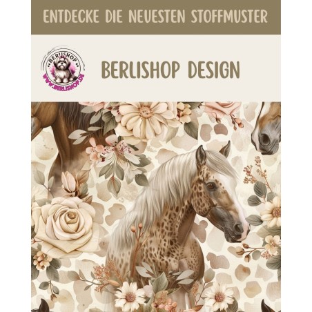 Baumwolle Canvas Stoff Pferde Rosen Beige Braun Boho 153 g/m² Meterware 160 cm Eigenproduktion
