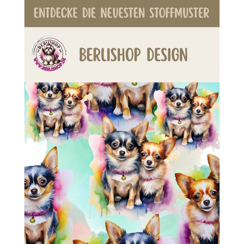 Baumwolle Canvas Stoff Chihuahua bunt Splash Aquarell 153 g/m² Meterware 160 cm Eigenproduktion