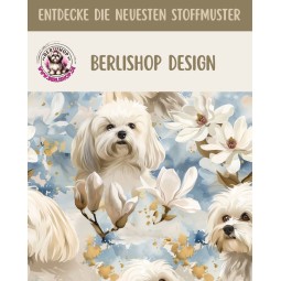 Baumwolle Canvas Stoff Malteser Hunde Magnolien Blau Gold | 160 cm