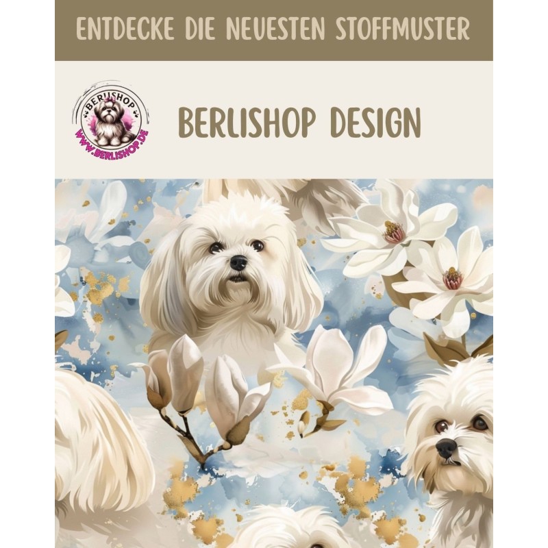 Baumwolle Canvas Stoff Malteser Hunde Magnolien Blau Gold | 160 cm