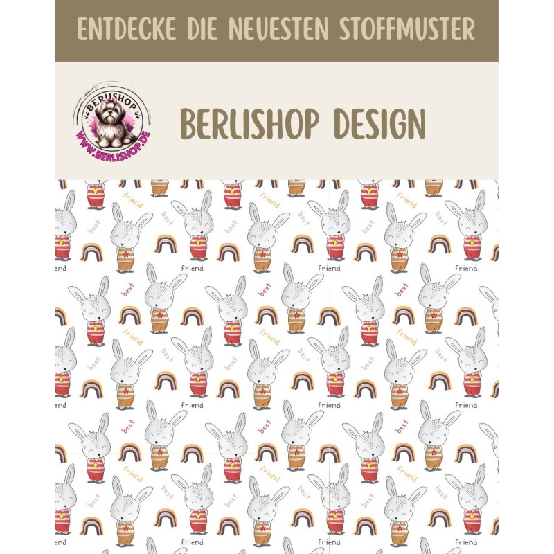 1m Coupon  Baumwolle Canvas Hase Regenbogen Best Friend Stoff 153 g/m² Meterware 160 cm Eigenproduktion Kinder