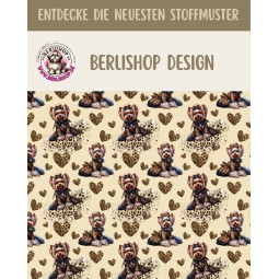 French Terry Sommersweat  Hunde Stoff – Yorkshire Terrier mit Schleife Leoprint  Herzen Beige/Braun –240 g/m² –145cm Meterware