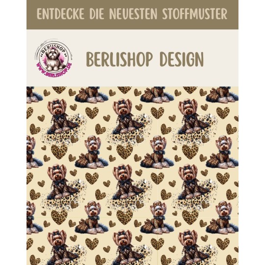 French Terry Sommersweat  Hunde Stoff – Yorkshire Terrier mit Schleife Leoprint  Herzen Beige/Braun –240 g/m² –145cm Meterware