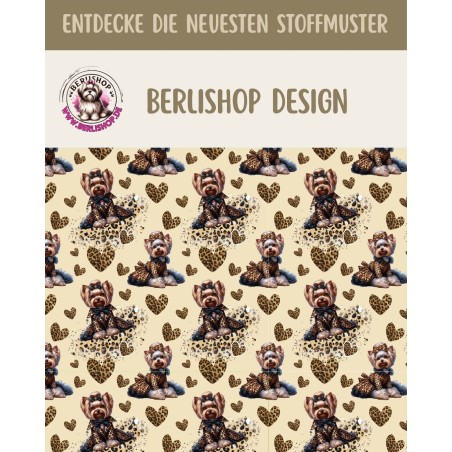 French Terry Sommersweat  Hunde Stoff – Yorkshire Terrier mit Schleife Leoprint  Herzen Beige/Braun –240 g/m² –145cm Meterware