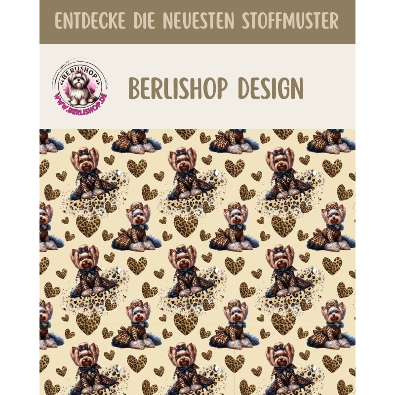 French Terry Sommersweat  Hunde Stoff – Yorkshire Terrier mit Schleife Leoprint  Herzen Beige/Braun –240 g/m² –145cm Meterware