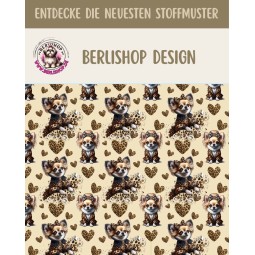 French Terry Sommersweat  Hunde Stoff – Chihuahua mit Schleife Leoprint  Herzen Beige/Braun –240 g/m² –145cm Meterware