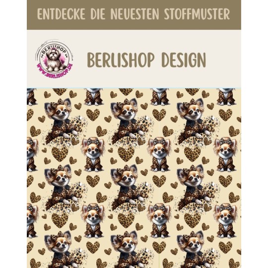 French Terry Sommersweat  Hunde Stoff – Chihuahua mit Schleife Leoprint  Herzen Beige/Braun –240 g/m² –145cm Meterware