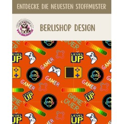 1m Coupon  Baumwolle Canvas Gamer Level Up Orange Stoff 153 g/m² Meterware 160 cm Eigenproduktion Kinder