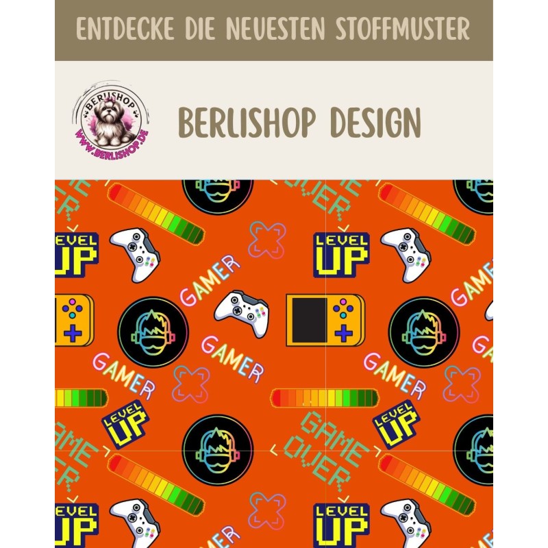 1m Coupon  Baumwolle Canvas Gamer Level Up Orange Stoff 153 g/m² Meterware 160 cm Eigenproduktion Kinder
