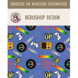 1m Coupon  Baumwolle Canvas Gamer Level Up Blau Stoff 153 g/m² Meterware 160 cm Eigenproduktion Kinder