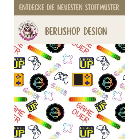1m Coupon  Baumwolle Canvas Gamer Controller Level Up Neon Weiß Stoff 153 g/m² Meterware 160 cm Eigenproduktion Kinder