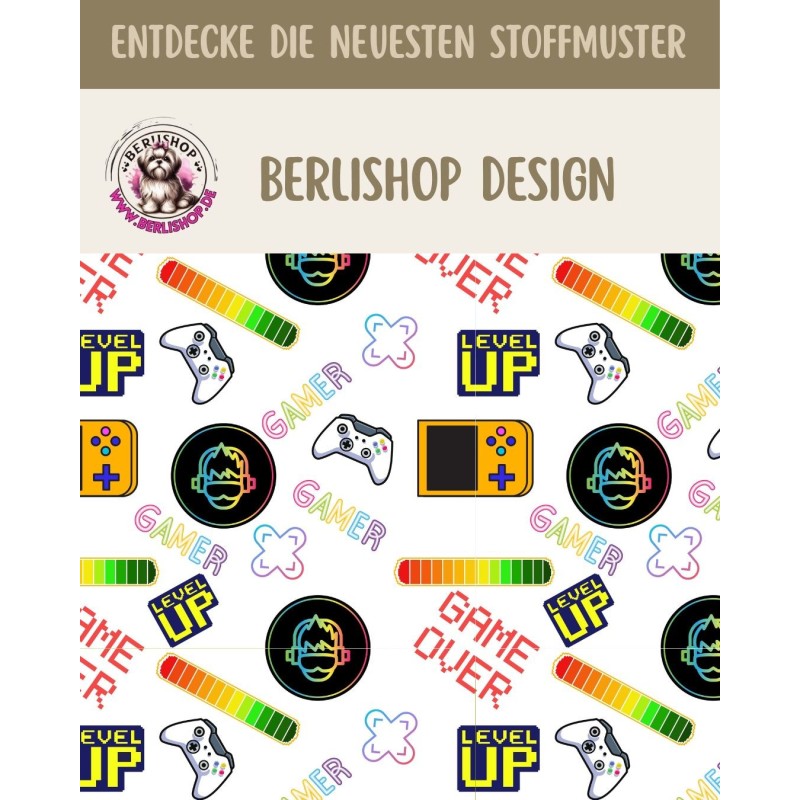 1m Coupon  Baumwolle Canvas Gamer Controller Level Up Neon Weiß Stoff 153 g/m² Meterware 160 cm Eigenproduktion Kinder