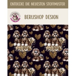 Oxford wasserfester Stoff Hunde–Shih Tzu Leoprint  Herzen Schwarz/Braun –210 g/m –150cm Meterware