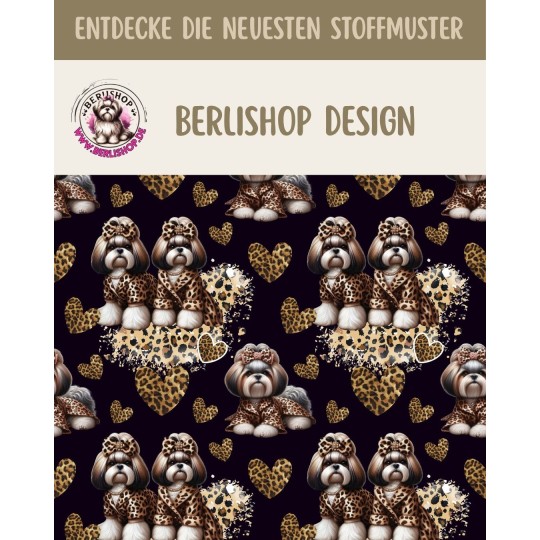 French Terry Sommersweat  Hunde Stoff –Shih Tzu Leoprint  Herzen Schwarz/Braun –240 g/m –145cm Meterware