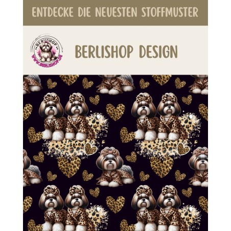 French Terry Sommersweat  Hunde Stoff –Shih Tzu Leoprint  Herzen Schwarz/Braun –240 g/m –145cm Meterware