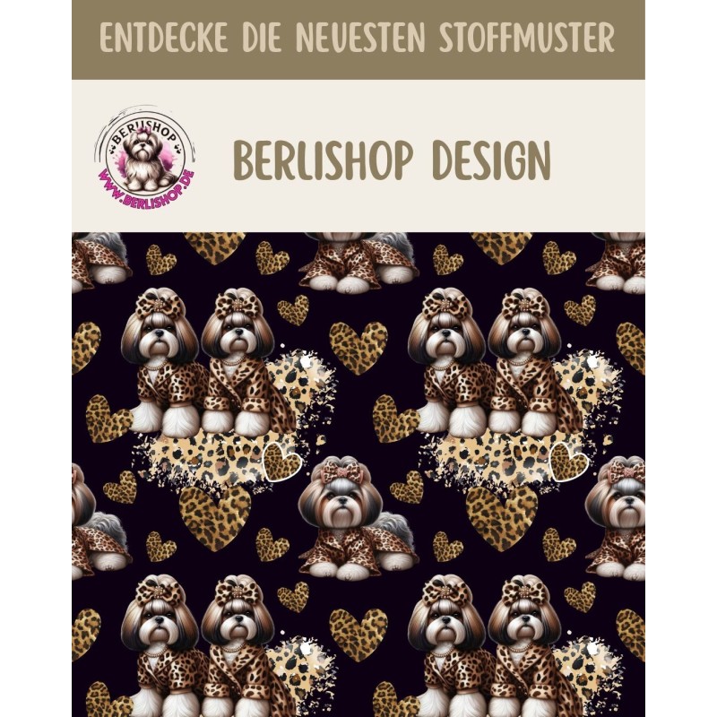 French Terry Sommersweat  Hunde Stoff –Shih Tzu Leoprint  Herzen Schwarz/Braun –240 g/m –145cm Meterware