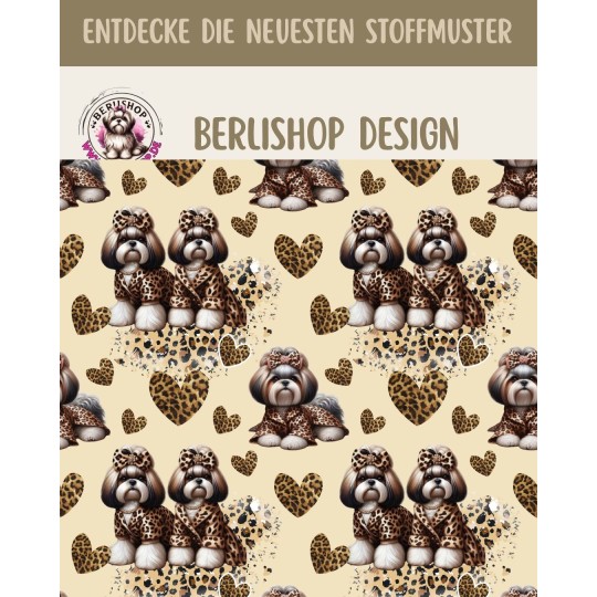 French Terry Sommersweat  Hunde Stoff –Shih Tzu Leoprint  Herzen Beige/Braun –240 g/m –145cm Meterware
