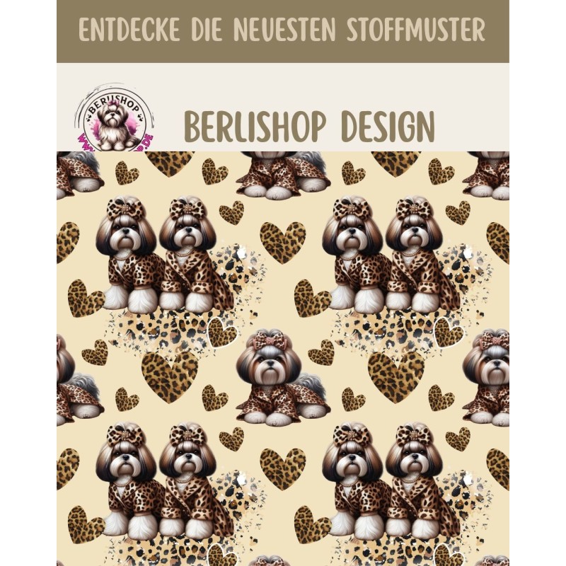 Baumwolle Canvas Hunde Stoff –Shih Tzu Leo Herzen Beige –153 g/m²–160 cm Meterware