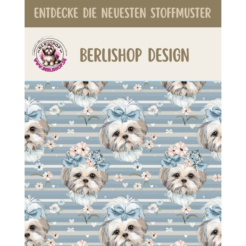 Kopie von 1m Coupon  Baumwolle Canvas Hund Blumen Streifen Blau 153 g/m² Meterware 160 cm Eigenproduktion Kinder