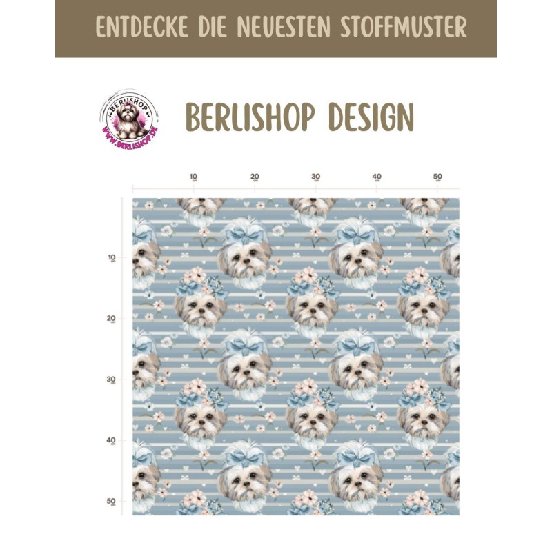 Kopie von 1m Coupon  Baumwolle Canvas Hund Blumen Streifen Blau 153 g/m² Meterware 160 cm Eigenproduktion Kinder