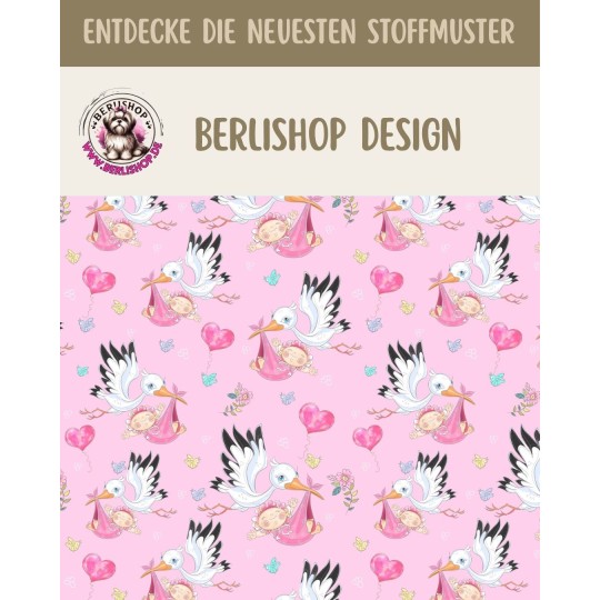 1m Coupon Baumwolle Canvas Storch Baby Rosa Herzen Stoff 153 g/m² Meterware 160 cm Eigenproduktion