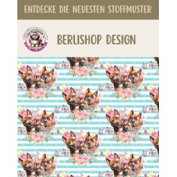 1m Coupon  Baumwolle Canvas Pittbull Braun Hunde Blumen Streifen Türkis  153 g/m² Meterware 160 cm Eigenproduktion Kinder