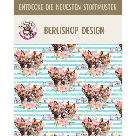 1m Coupon  Baumwolle Canvas Pittbull Braun Hunde Blumen Streifen Türkis  153 g/m² Meterware 160 cm Eigenproduktion Kinder
