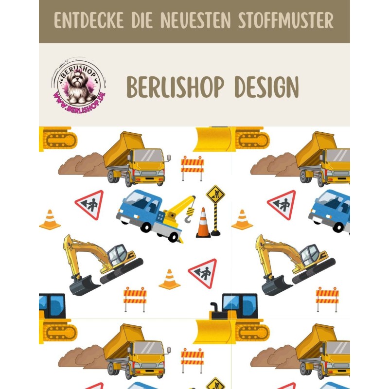 1m Coupon  Baumwolle Canvas Baustelle Bagger LKW Weiß Gelb Stoff  153 g/m² Meterware 160 cm Eigenproduktion Kinder
