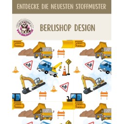 1m Coupon  Baumwolle Canvas Baustelle Bagger LKW Stoff Blau Weiss Splash 153 g/m² Meterware 160 cm Eigenproduktion Kinder