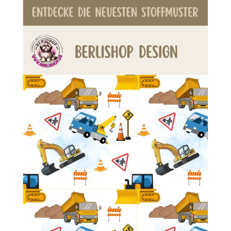 1m Coupon  Baumwolle Canvas Baustelle Bagger LKW Stoff Blau Weiss Splash 153 g/m² Meterware 160 cm Eigenproduktion Kinder