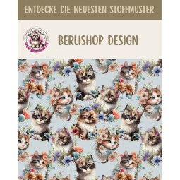 Baumwolle Canvas Stoffsüßer Katzenstoff mit Blumen Grau 153 g/m² Meterware 160 cm Eigenproduktion Kinderstoff