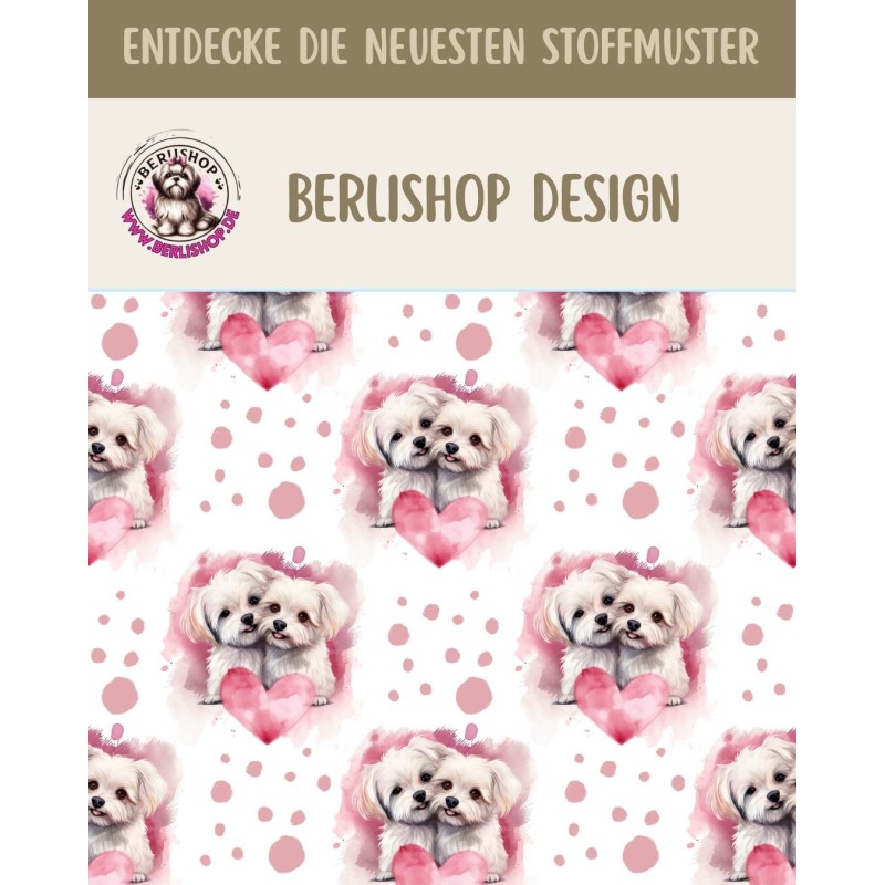 Baumwolle Canvas Stoff Malteser Hund Rosa Herzen – 153 g/m² – Meterware 160 cm- Eigenproduktion