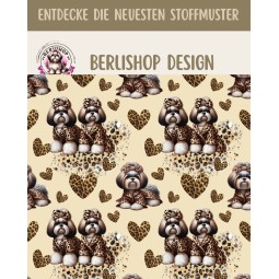 Oxford Stoff Hunde Shih Tzu  mit Schleife Leo Muster Herzen Beige /Braun– 210 g/m² – 150 cm Meterware - Eigenproduktion