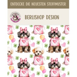 1m Coupon  Baumwolle Canvas Shih Tzu Hund Herz Schleife Glücksklee Weiß Rosa 153 g/m² Meterware 160 cm Eigenproduktion Kinder