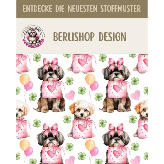 1m Coupon  Baumwolle Canvas Shih Tzu Hund Herz Schleife Glücksklee Weiß Rosa 153 g/m² Meterware 160 cm Eigenproduktion Kinder