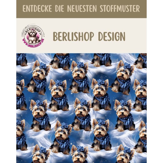 1m Coupon  Baumwolle Canvas Yorkshire Terrier Winter Schnee Blau  153 g/m² Meterware 160 cm Eigenproduktion Kinder