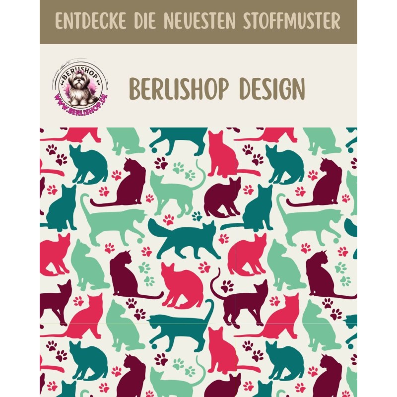 Coupon Baumwolle Canvas Katzen Silhouetten Pfoten Pink Mint Petrol Stoff 153 g/m² Meterware 160 cm Eigenproduktion