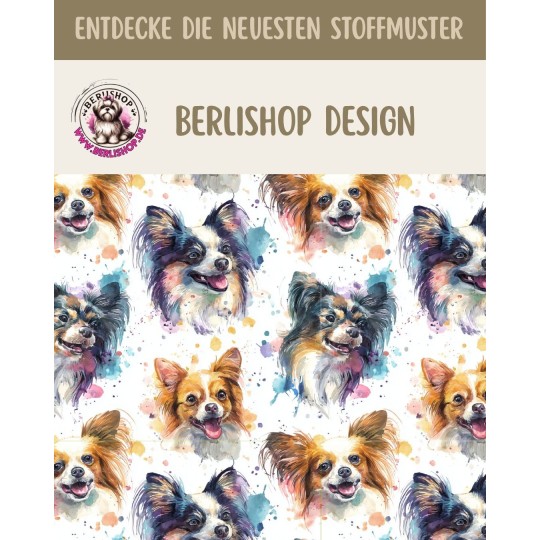 1m Coupon  Baumwolle Canvas Hunde Papillon Aquarell Bunt  Stoff 153 g/m² Meterware 160 cm Eigenproduktion Kinderstoff