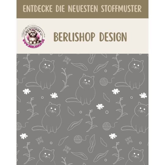 1m Coupon Baumwolle Canvas Katzen Grau Weiß Lineart Stoff 153 g/m² Meterware 160 cm Eigenproduktion