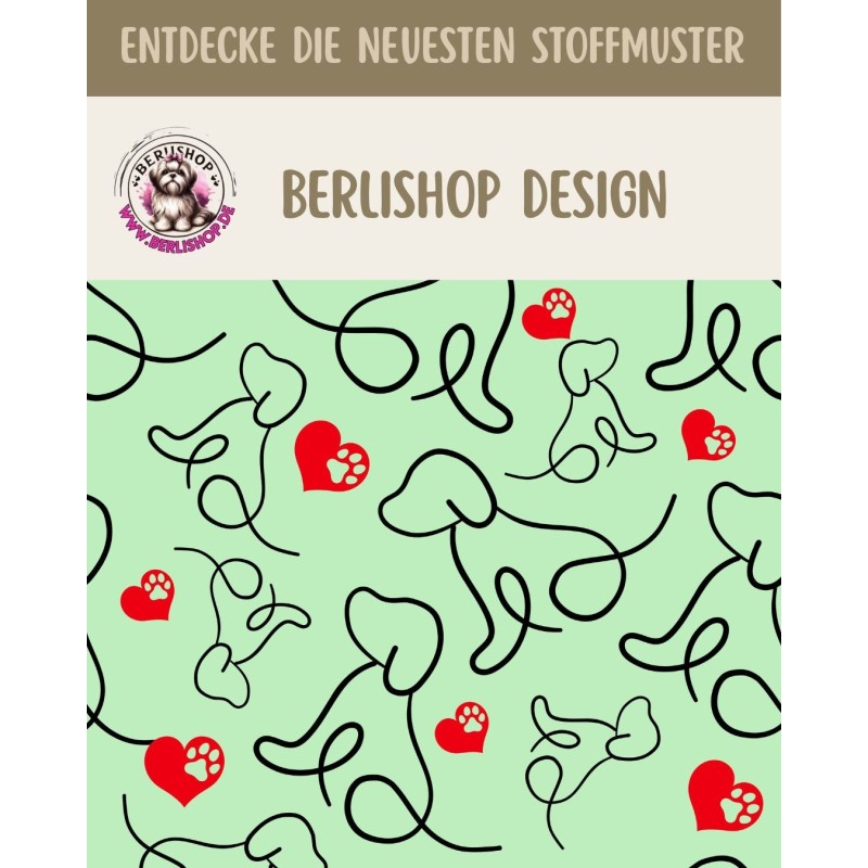 1m Coupon  Baumwolle Canvas Hund Herz Pfote Mint Stoff 153 g/m² Meterware 160 cm Eigenproduktion Kinderstoff