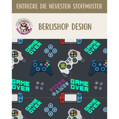 1 m Coupon Oxford Stoff Game Over Video Games Zocker 150 cm – Schwarz – 210 g/m² – Eigenproduktion