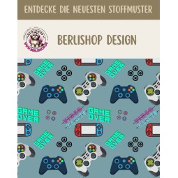 1 m Coupon Oxford Stoff Game Over Video Games Zocker 150 cm – Blau Beige – 210 g/m² – Eigenproduktion