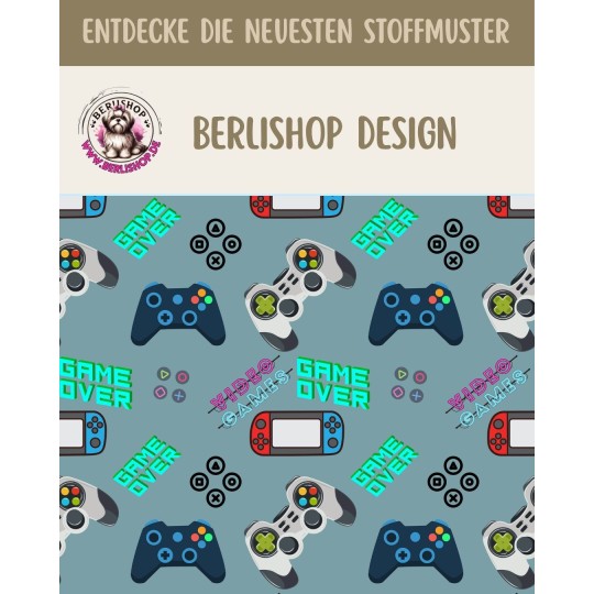 1 m Coupon Oxford Stoff Game Over Video Games Zocker 150 cm – Blau Beige – 210 g/m² – Eigenproduktion